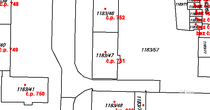 Paskov 751 na parcele st. 1183/47 v KÚ Paskov, Katastrální mapa