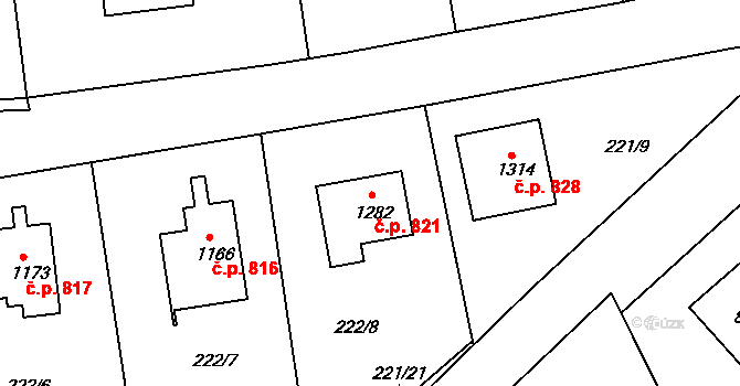 Blovice 821 na parcele st. 1282 v KÚ Blovice, Katastrální mapa