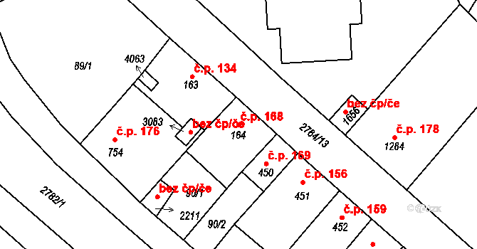 Střed 168, Rokycany na parcele st. 164 v KÚ Rokycany, Katastrální mapa