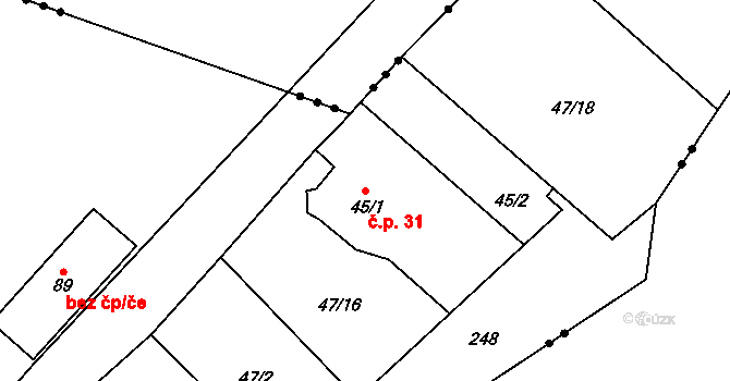 Tršnice 31, Cheb na parcele st. 45/1 v KÚ Tršnice, Katastrální mapa