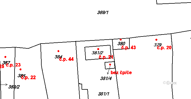 Račetice 21 na parcele st. 381/2 v KÚ Račetice, Katastrální mapa