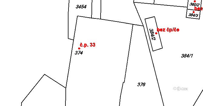 Suchdol nad Lužnicí 33 na parcele st. 374 v KÚ Suchdol nad Lužnicí, Katastrální mapa