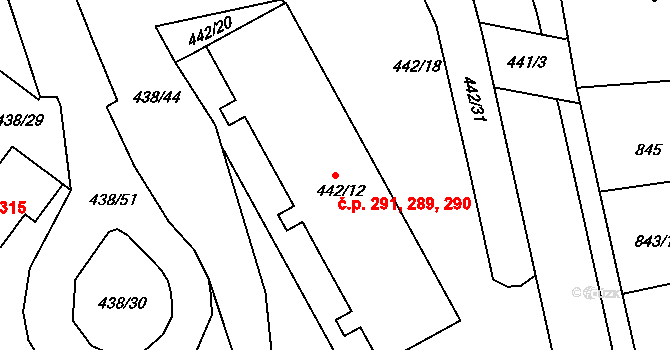 Radlice 289,290,291, Praha na parcele st. 442/12 v KÚ Radlice, Katastrální mapa
