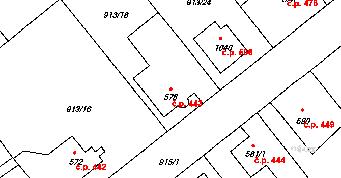 Rožmitál pod Třemšínem 443 na parcele st. 578 v KÚ Rožmitál pod Třemšínem, Katastrální mapa