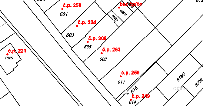 Přísnotice 263 na parcele st. 608 v KÚ Přísnotice, Katastrální mapa