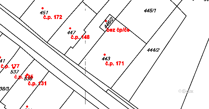Královopolské Vážany 171, Rousínov na parcele st. 443 v KÚ Královopolské Vážany, Katastrální mapa