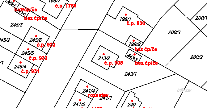 Bolevec 908, Plzeň na parcele st. 243/2 v KÚ Bolevec, Katastrální mapa