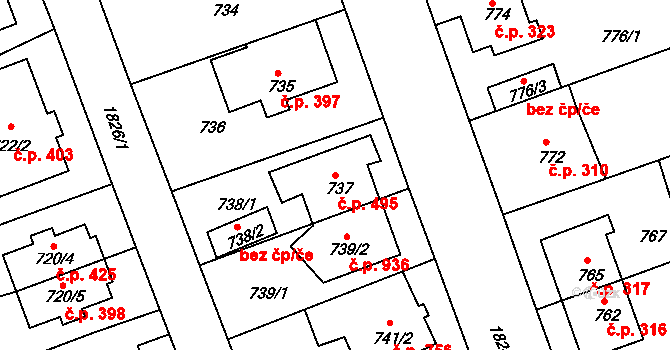 Černice 495, Plzeň na parcele st. 737 v KÚ Bručná, Katastrální mapa