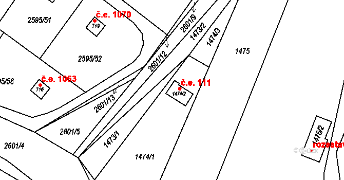 Moravské Bránice 111 na parcele st. 1474/2 v KÚ Moravské Bránice, Katastrální mapa
