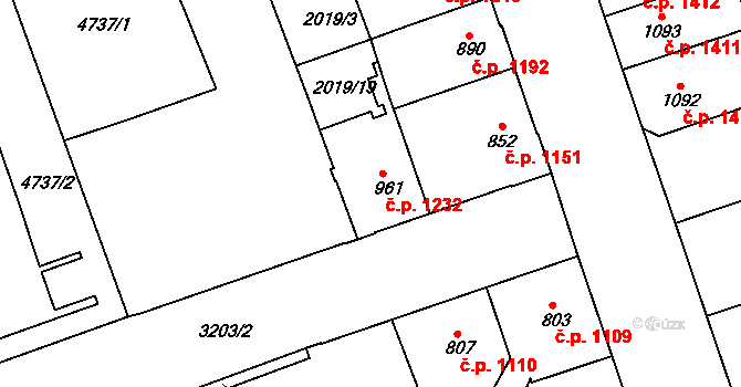 Hodonín 1232 na parcele st. 961 v KÚ Hodonín, Katastrální mapa
