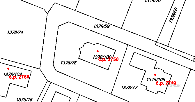Roudnice nad Labem 2750 na parcele st. 1378/100 v KÚ Roudnice nad Labem, Katastrální mapa