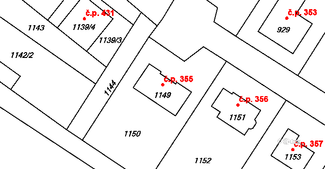 Doloplazy 355 na parcele st. 1149 v KÚ Doloplazy u Olomouce, Katastrální mapa