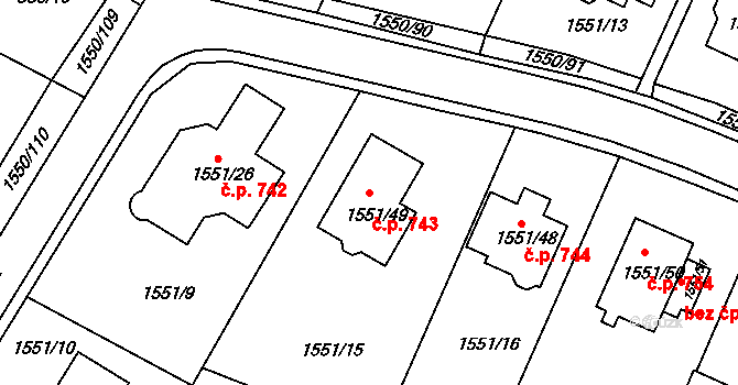 Miřetice u Klášterce nad Ohří 743, Klášterec nad Ohří na parcele st. 1551/49 v KÚ Miřetice u Klášterce nad Ohří, Katastrální mapa