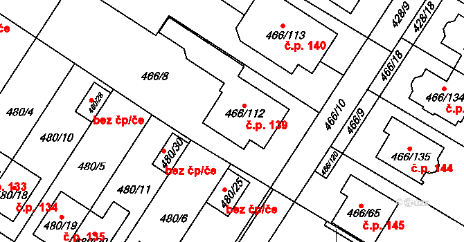 Rebešovice 139 na parcele st. 466/112 v KÚ Rebešovice, Katastrální mapa