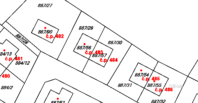 Jirny 484 na parcele st. 887/57 v KÚ Jirny, Katastrální mapa