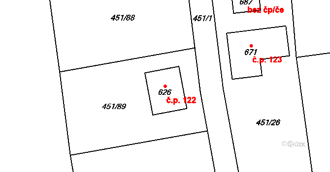 Svinaře 122 na parcele st. 626 v KÚ Svinaře, Katastrální mapa