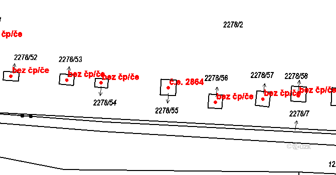 Severní Předměstí 2864, Plzeň na parcele st. 2278/55 v KÚ Bolevec, Katastrální mapa