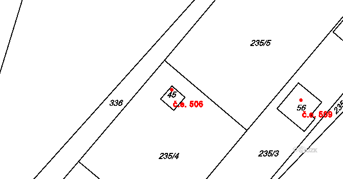 Hrušova Lhota 506, Přehořov na parcele st. 45 v KÚ Hrušova Lhota, Katastrální mapa