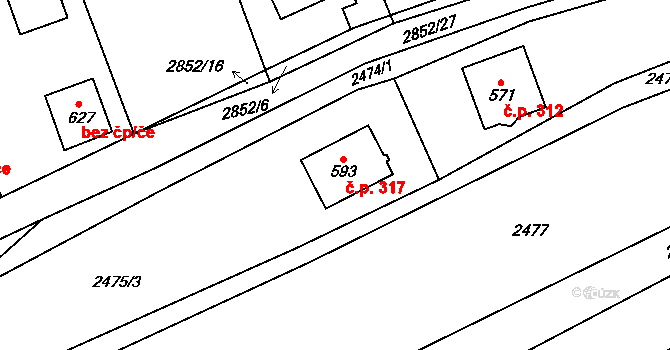 Ledce 317 na parcele st. 593 v KÚ Ledce u Plzně, Katastrální mapa