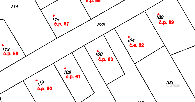 Skramníky 63, Klučov na parcele st. 106 v KÚ Skramníky, Katastrální mapa