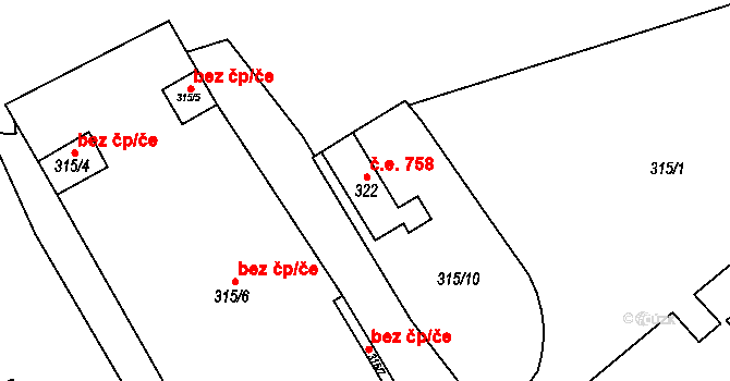 Sadová 758, Brno na parcele st. 322 v KÚ Sadová, Katastrální mapa