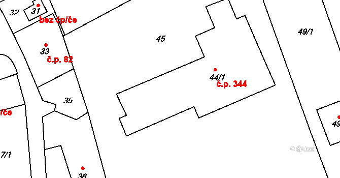 Fryšták 344 na parcele st. 44/1 v KÚ Fryšták, Katastrální mapa
