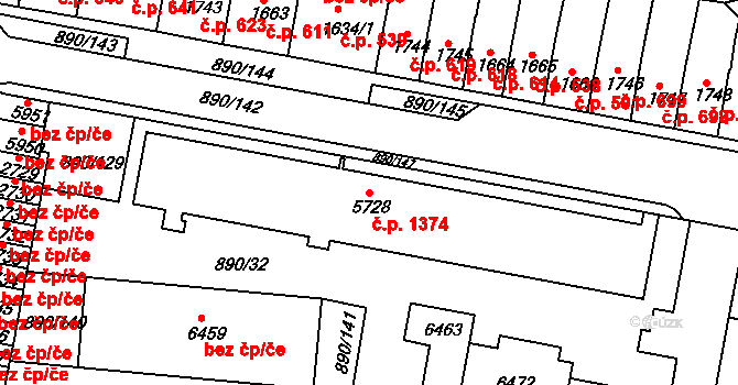 Horka-Domky 1374, Třebíč na parcele st. 5728 v KÚ Třebíč, Katastrální mapa
