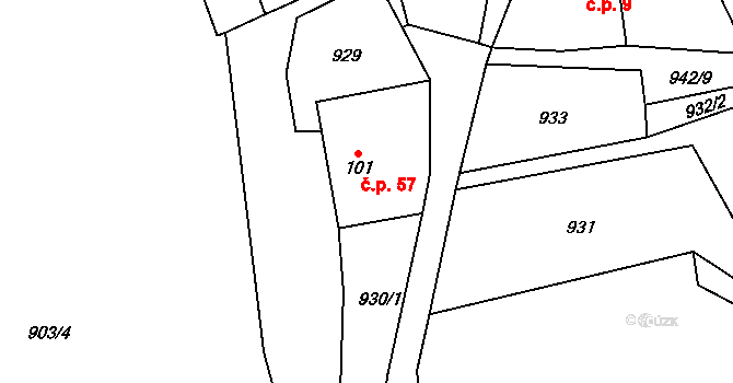 Prosetín 57 na parcele st. 101 v KÚ Prosetín u Hlinska, Katastrální mapa