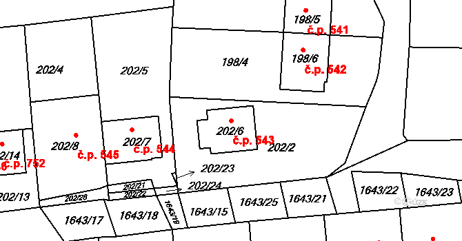 Drnovice 543 na parcele st. 202/6 v KÚ Drnovice u Vyškova, Katastrální mapa