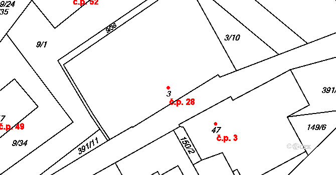 Třibřichy 28 na parcele st. 3 v KÚ Třibřichy, Katastrální mapa