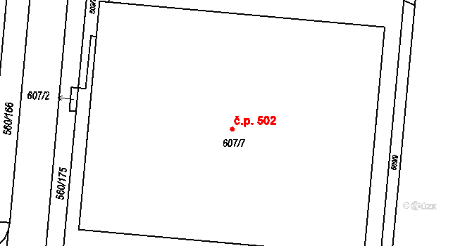 Trnitá 502, Brno na parcele st. 607/7 v KÚ Trnitá, Katastrální mapa