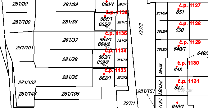Kralupy nad Vltavou 1134 na parcele st. 663/1 v KÚ Lobeč, Katastrální mapa