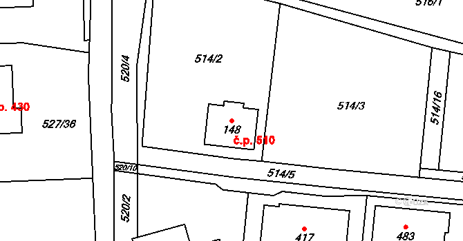 Tuchoměřice 510 na parcele st. 148 v KÚ Tuchoměřice, Katastrální mapa