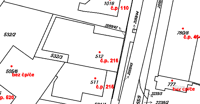 Nové Město nad Metují 216 na parcele st. 512 v KÚ Nové Město nad Metují, Katastrální mapa