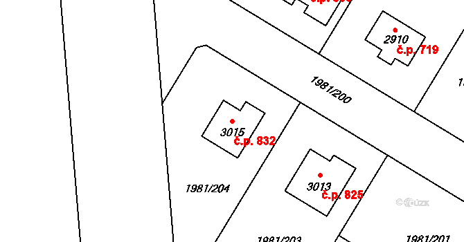 Litice 832, Plzeň na parcele st. 3015 v KÚ Litice u Plzně, Katastrální mapa
