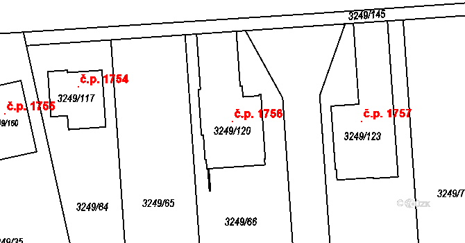 Kunovice 1756 na parcele st. 3249/120 v KÚ Kunovice u Uherského Hradiště, Katastrální mapa