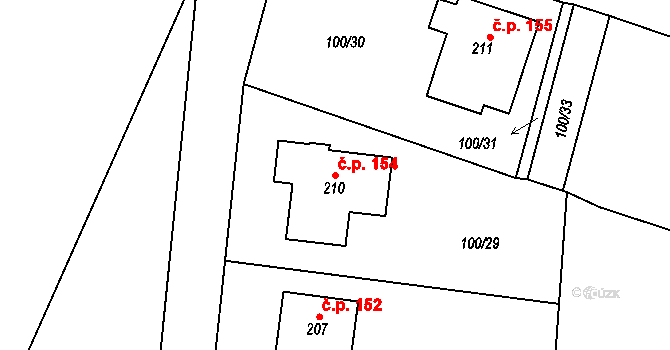 Kluky 154 na parcele st. 210 v KÚ Kluky u Čáslavi, Katastrální mapa