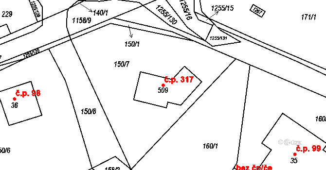 Cínovec 317, Dubí na parcele st. 509 v KÚ Cínovec, Katastrální mapa