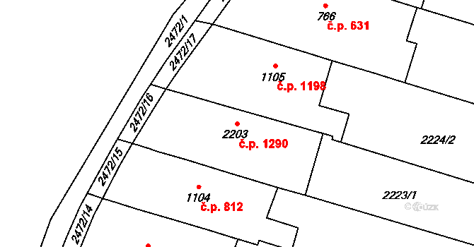 Kyjov 1290 na parcele st. 2203 v KÚ Kyjov, Katastrální mapa