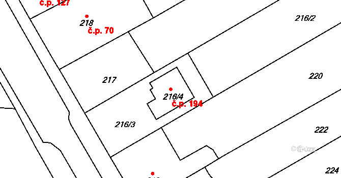Dolní Lhota 194, Blansko na parcele st. 216/4 v KÚ Dolní Lhota, Katastrální mapa
