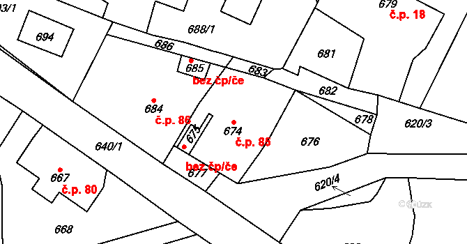 Kvaň 85, Zaječov na parcele st. 674 v KÚ Kvaň, Katastrální mapa