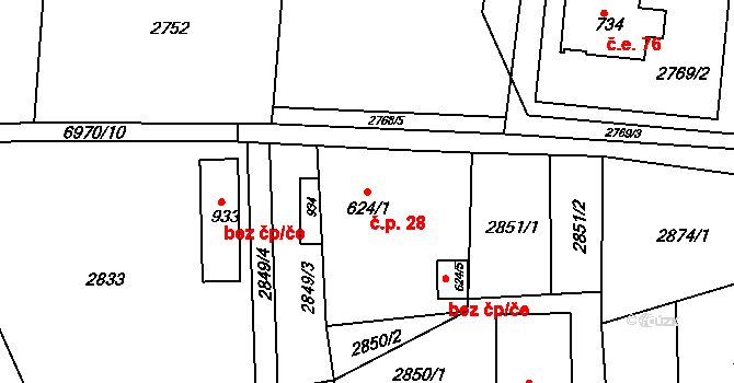 Filipovice 28, Bělá pod Pradědem na parcele st. 624/1 v KÚ Domašov u Jeseníka, Katastrální mapa