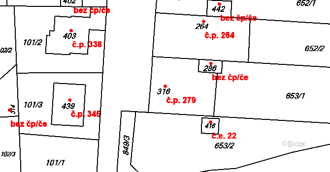 Slatinice 279 na parcele st. 316 v KÚ Slatinice na Hané, Katastrální mapa