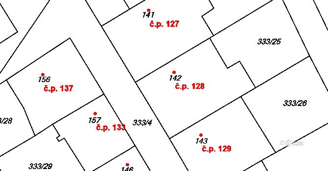 Chotělice 128, Smidary na parcele st. 142 v KÚ Chotělice, Katastrální mapa