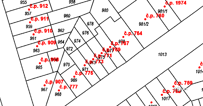 Černá Pole 769, Brno na parcele st. 975 v KÚ Černá Pole, Katastrální mapa