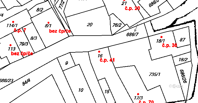 Železná 41, Libořice na parcele st. 16 v KÚ Železná u Libořic, Katastrální mapa