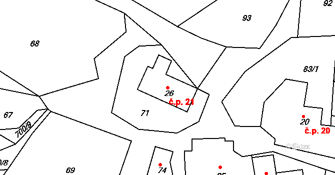 Proruby 21 na parcele st. 26 v KÚ Proruby u Potštejna, Katastrální mapa