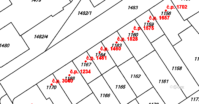 Chomutov 1460 na parcele st. 1164 v KÚ Chomutov I, Katastrální mapa