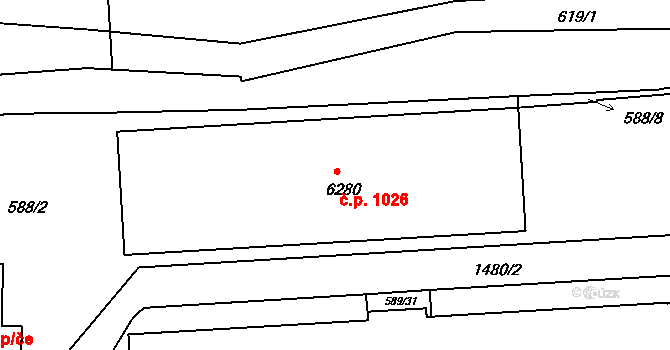 Borovina 1026, Třebíč na parcele st. 6280 v KÚ Třebíč, Katastrální mapa