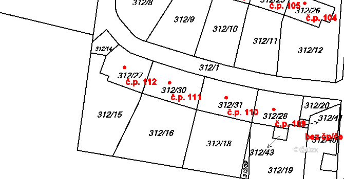 Nedabyle 111 na parcele st. 312/30 v KÚ Nedabyle, Katastrální mapa